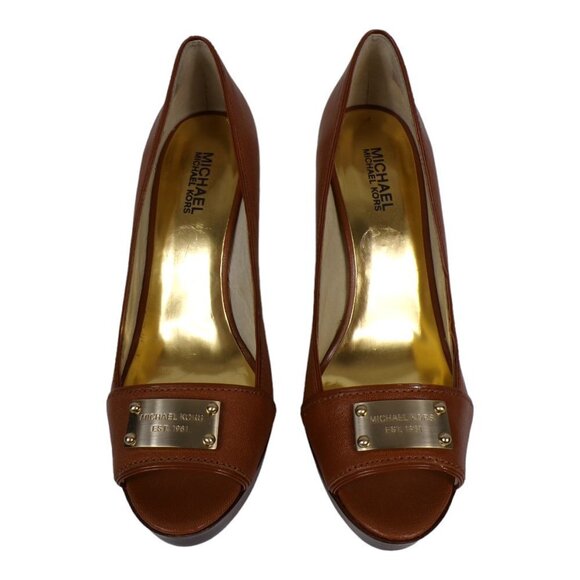 Michael Kors Peep Toe Platform Heels Gold Est 1981 Nameplate Sz 8.5M #596 - Picture 2 of 14